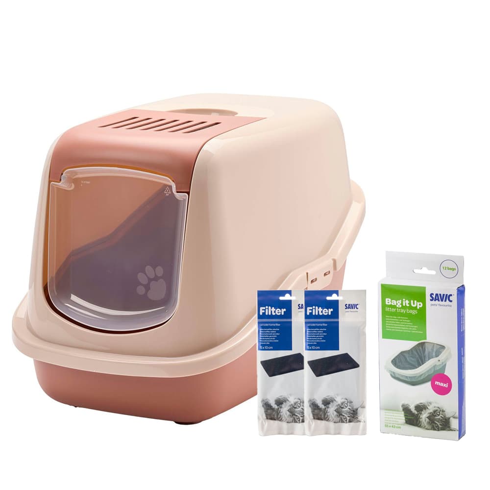 Maison de toilette Savic Nestor pour chat - maison rose champagne / rouge toscane + 2 filtres de rechange + 6 sacs Bag it up