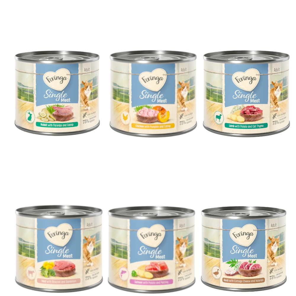 Feringa Single Meat Menus 12 x 200 g pour chat - lot mixte I (6 variétés) : poulet, lapin, agneau, veau, canard, saumon