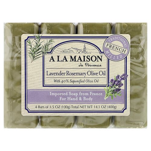A La Maison de Provence, Hand- en lichaamszeep, lavendel, rozemarijn en olijfolie, 4 stukken, 100 g per stuk