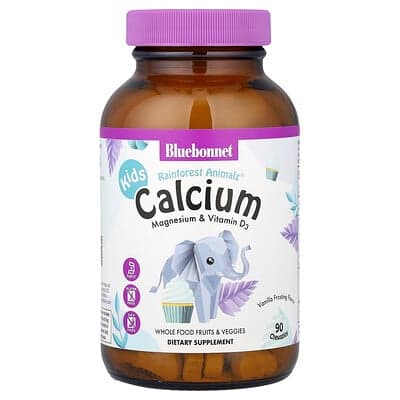 Bluebonnet Nutrition, Kids, Rainforest Animalz®, Calcium Magnesium & Vitamine D3, Vanille Glazuur, 90 Kauwtabletten