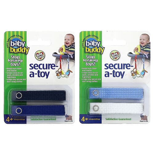 Baby Buddy, Secure-A-Toy, 4 + maanden, Zwart/Donkerblauw & Lichtblauw/Wit, 4 Bandjes