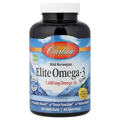 Carlson, Wilde Noorse, Elite Omega-3 Edelstenen®, Natuurlijke Citroen, 90 Soft Gels