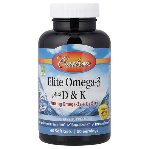 Carlson, Elite Omega-3 Plus D & K, natuurlijke citroen, 60 zachte gels