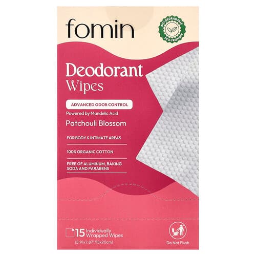 fomin, Deodorantdoekjes, Patchoulibloesem, 15 individueel verpakte doekjes