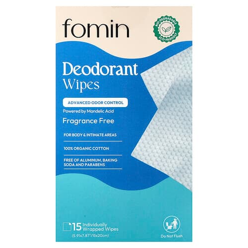 fomin, Deodorantdoekjes, geurvrij, 15 individueel verpakte doekjes