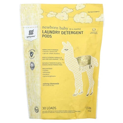 Grab Green, Wasmiddelpods voor pasgeboren baby's, 0-4 maanden, kalmerende kamille met essentiële oliën, 30 wasbeurten, 480 g