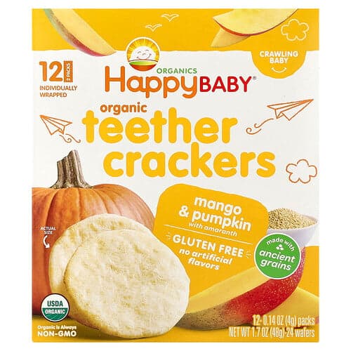 Happy Family Organics, Happy Baby®, biologische bijtcrackers, mango & pompoen met amarant, 12 stuks, 4 g per stuk