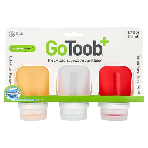 Humangear, GoToob+®, reistube, klein, rood, transparant en oranje, 3 stuks, 53 ml per stuk