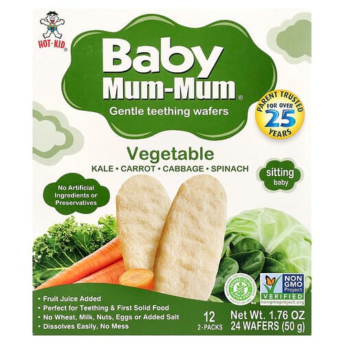 Hot Kid, Baby Mum-Mum®, Zachte Tandjeswafels, Plantaardig, 12 verpakkingen, 2 wafels per verpakking