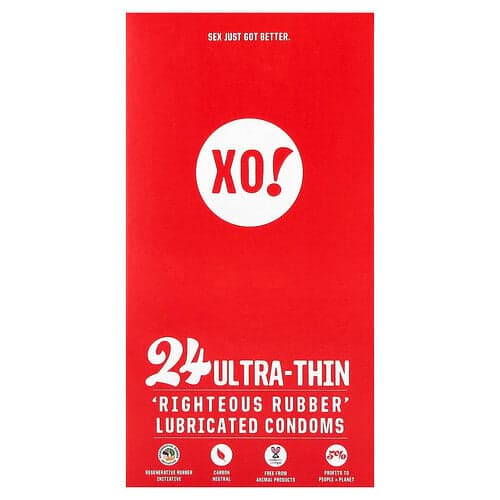 Here We Flo, XO! Ultradunne, rechtvaardige condooms met rubberen glijmiddel, ongeparfumeerd, 24 condooms