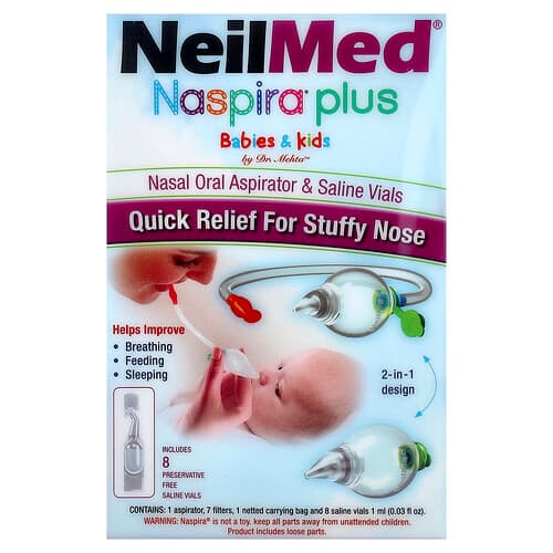 NeilMed, Naspira® Plus, neus-mondaspirator en zoutoplossingsampullen, voor baby's en kinderen, 17-delige set