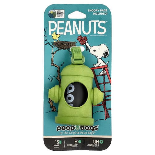 Original Poop Bags, Peanuts®, Zakjesdispenser, Groen, Snoopy Zakjes, Ongeparfumeerd, 1 Dispenser, 15 Zakjes