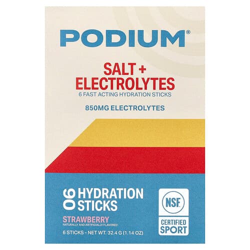 Podium Nutrition, Zout + Elektrolyten, Hydratatie Sticks, Aardbei, 6 Sticks, 0,19 oz (5,4 g) per stuk