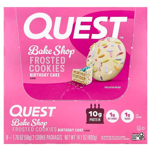 Quest Nutrition, Bake Shop Frosted Cookies, verjaardagstaart, 8 pakjes, elk 50 g