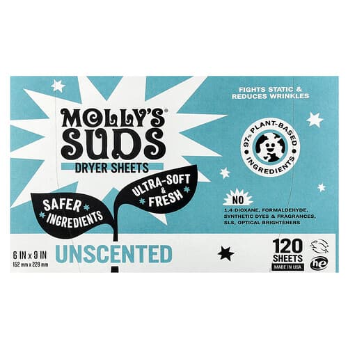 Molly's Suds, Droogtrommeldoekjes, ongeparfumeerd, 120 velletjes