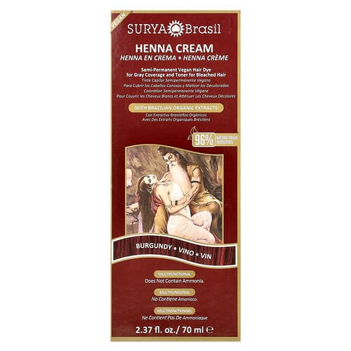 Surya Brasil, Henna Crème, Semi-Permanente Vegan Haarverf voor Grijze Dekking en Toner voor Gebleekt Haar, Bourgondië, 2.37 fl oz (70 ml)