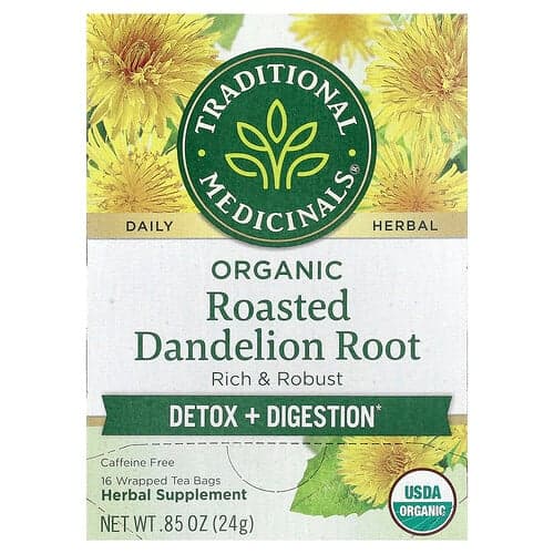 Traditional Medicinals, Biologische geroosterde paardenbloemwortel, cafeïnevrij, 16 verpakte theezakjes, 24 g