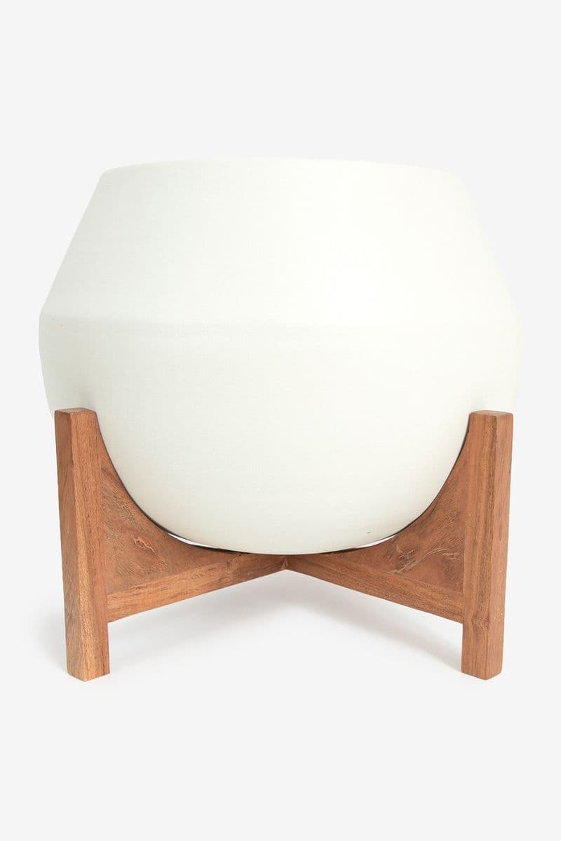 Witte Plantenpot Met Houten Standaard