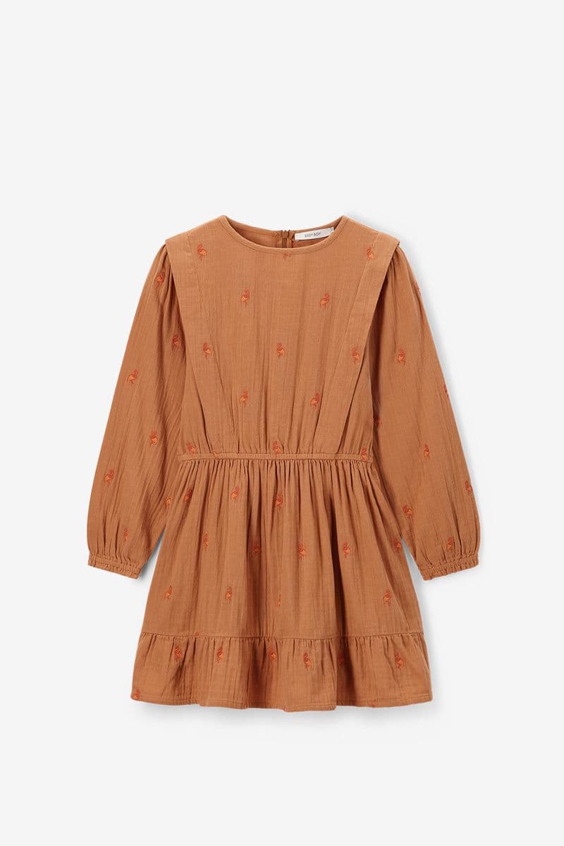 Lichtbruine Jurk Met Flamingo Embroidery