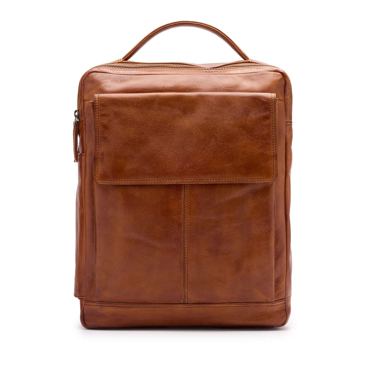 Manfield Cognac Leren Unisex Rugzak Met Ritssluiting - Maat Onesize