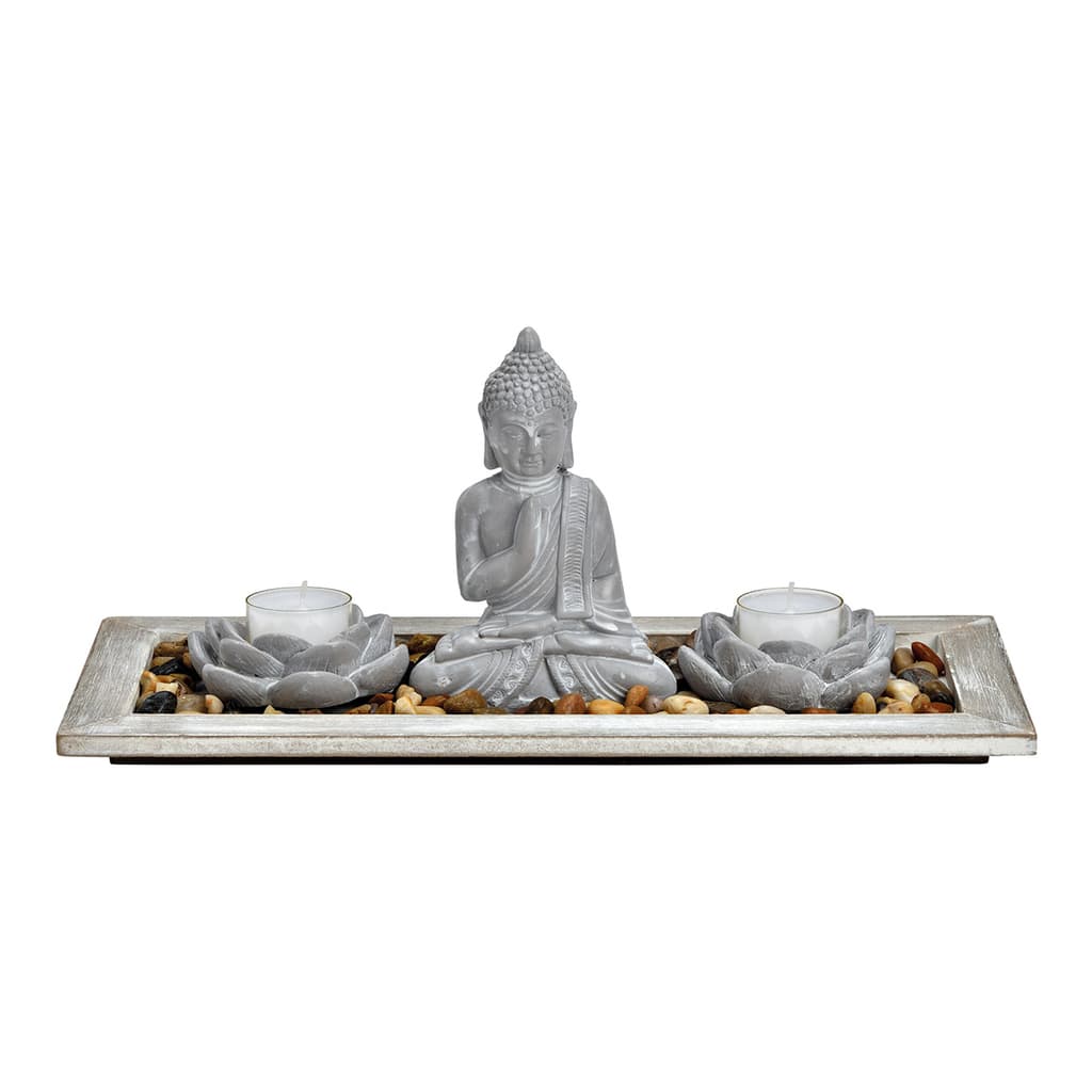Buddha met 2 theelichthouders, houten dienblad, decoratiestenen van grijs cement (B/H/D) 33x14x14cm