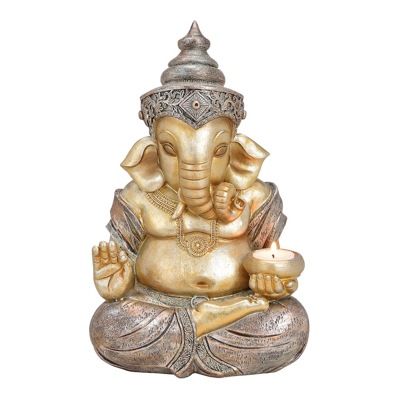 Ganesha met theelichthouder van poly in champagne (B/H/D) 20x31x15cm