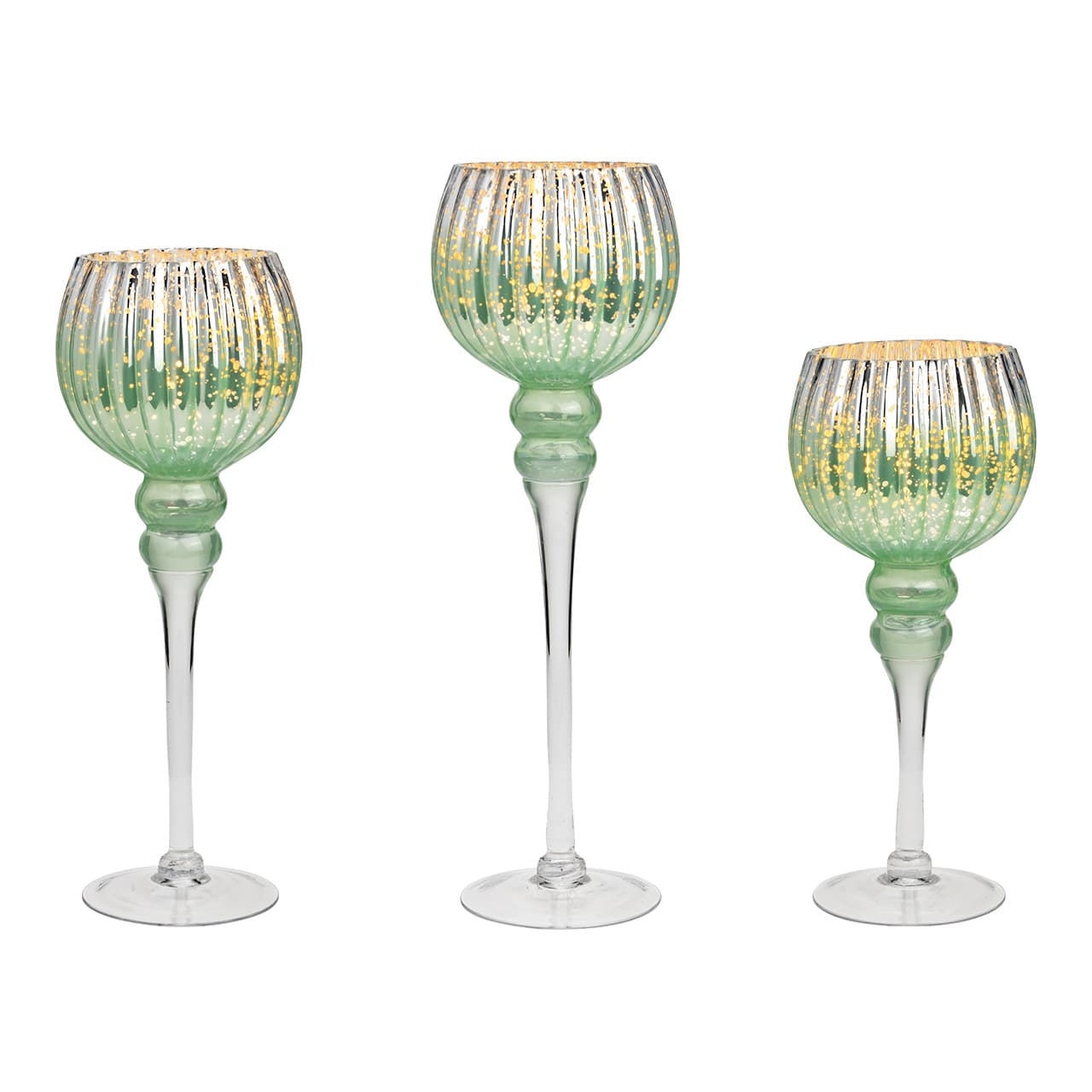 Windlichtset kelk op voet, set van 3, van glas, mintkleurig (H) 30 cm, 35 cm, 40 cm x Ø13 cm