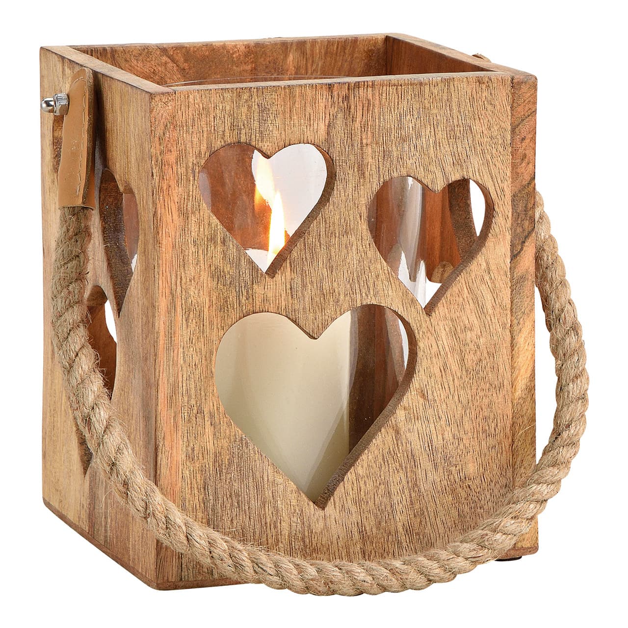 Windlicht met hartdecor van glas en mangohout, naturel (B/H/D) 15x18x15cm