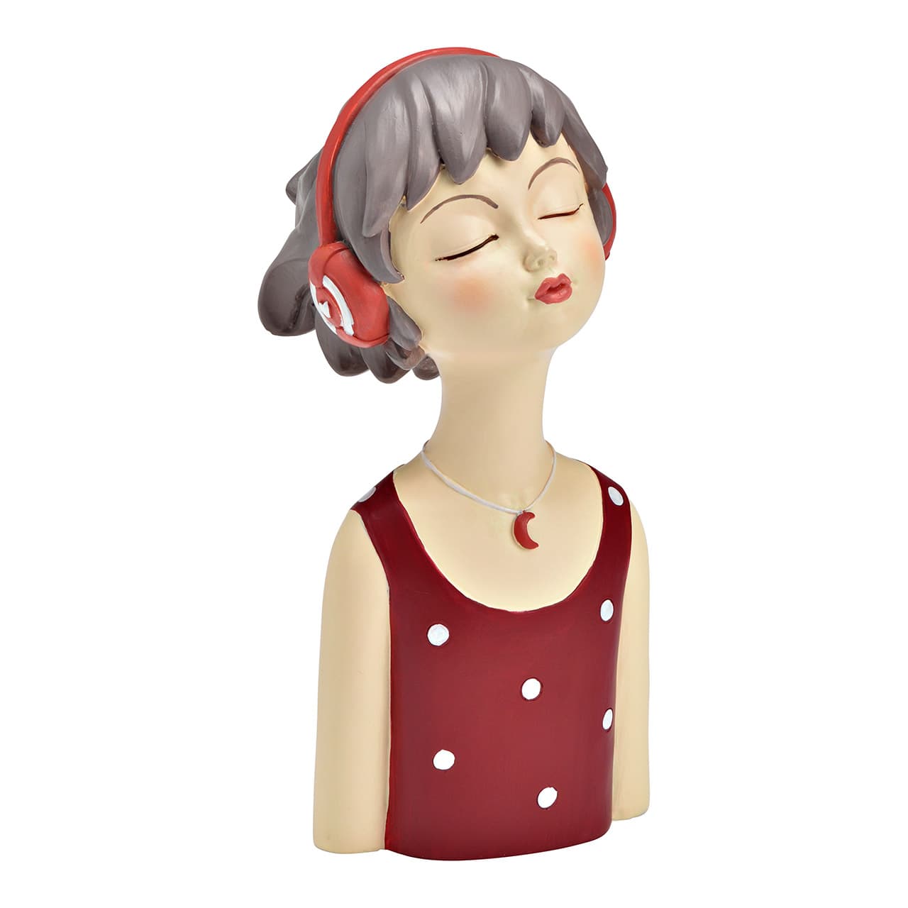 Beeldje vrouw met koptelefoon van poly rood/grijs (B/H/D) 11x24x11cm