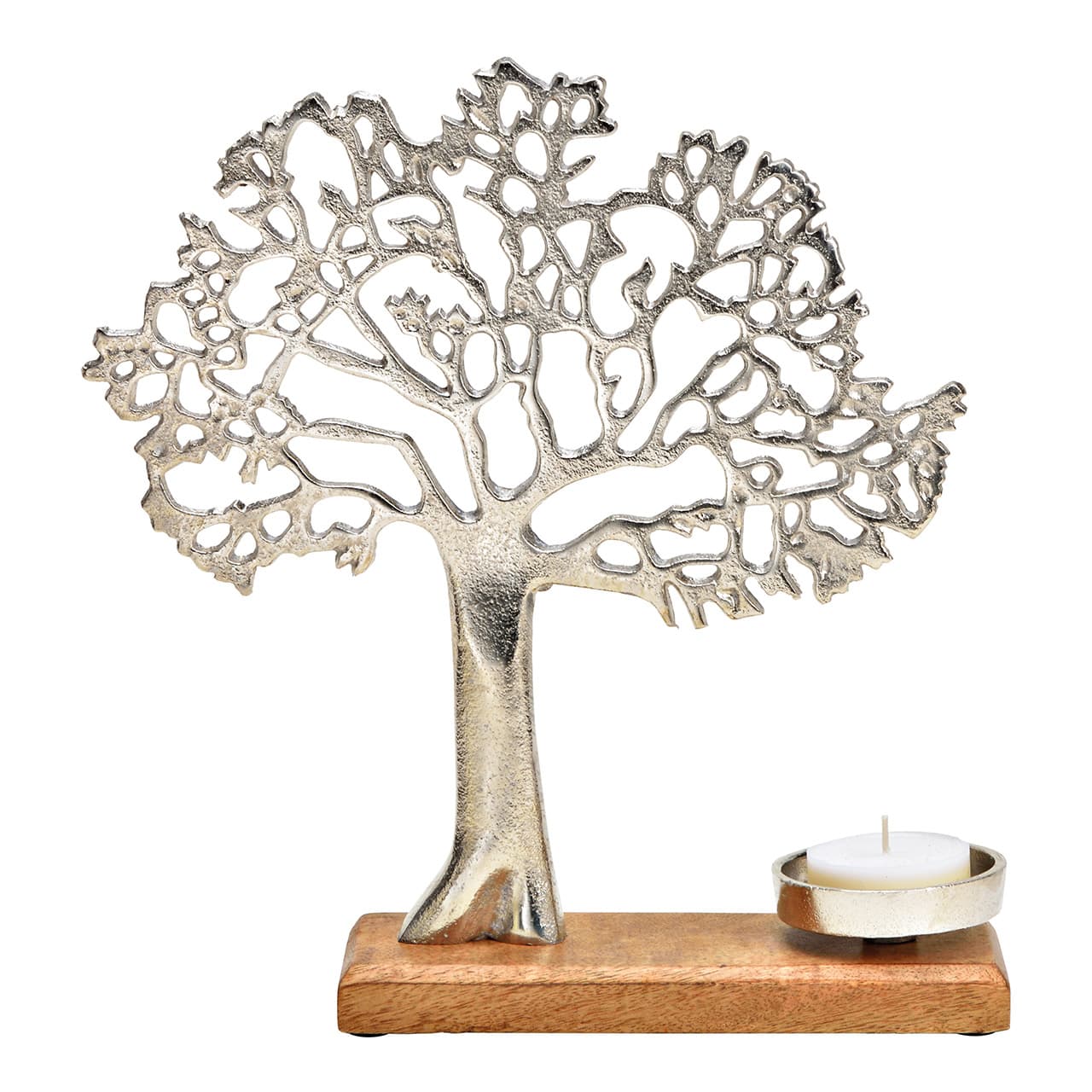 Theelichthouder boom op sokkel van metaal/mangohout, zilver (B/H/D) 31x33x8cm
