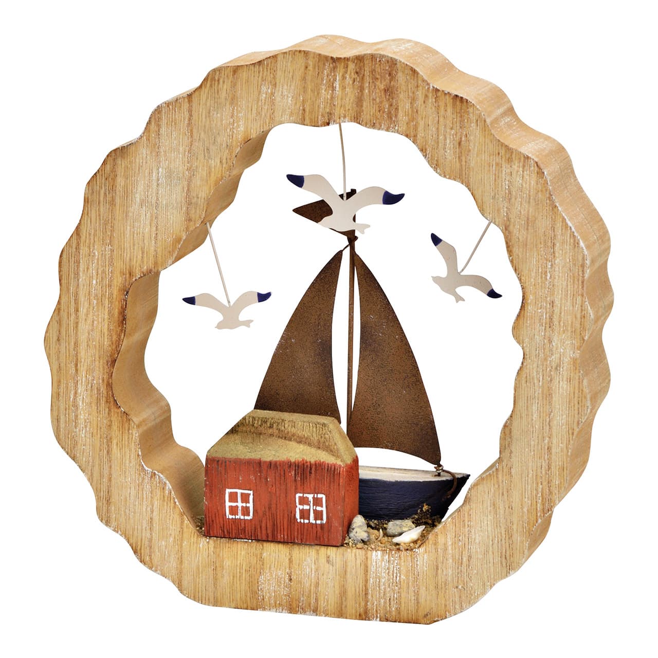 Opsteller zeilboot in cirkel van hout/metaal blauw (B/H/D) 21 x 21 x 4 cm