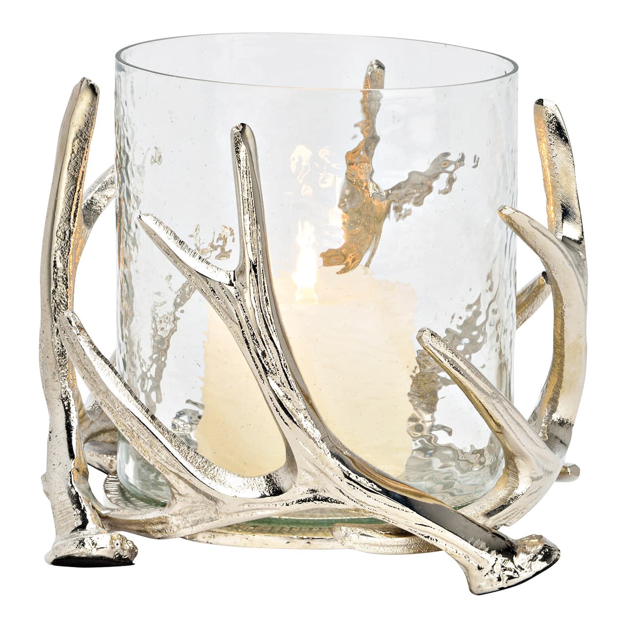 Windlicht gewei van metaal en glas, zilverkleurig (B/H/D) 20x17x20cm