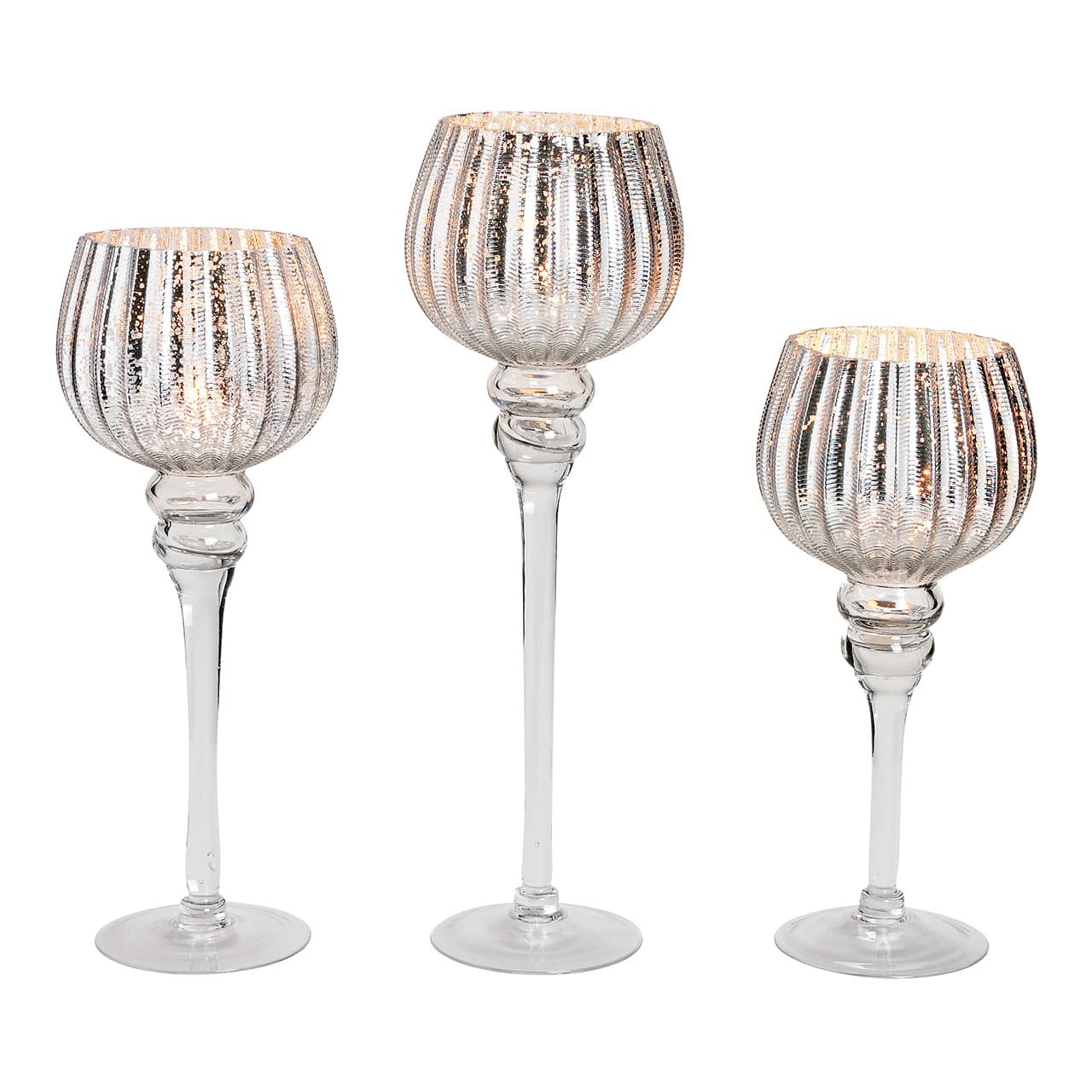 Windlichtset kelk geribbeld, 30, 35, 40 cm x Ø13 cm van glas, zilverkleurig, set van 3