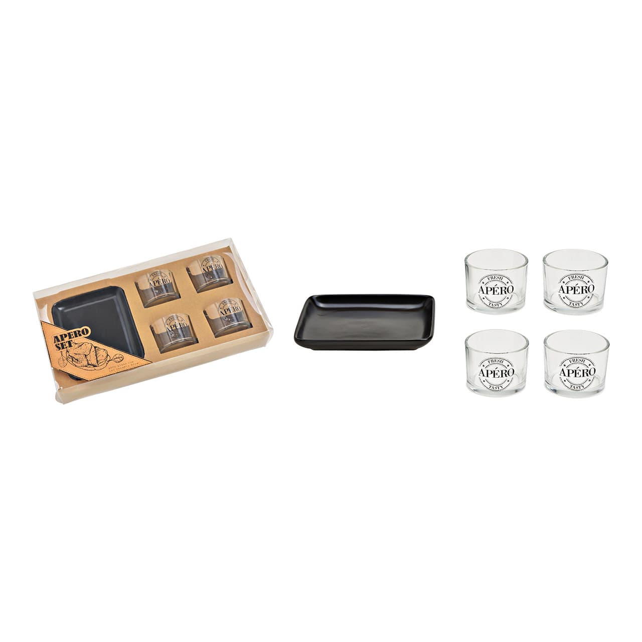 Tapasset van keramiek, zwart, 5-delig (B/H/D) 1 x bord 13x15x1cm, 4 x glas 7x5x7cm