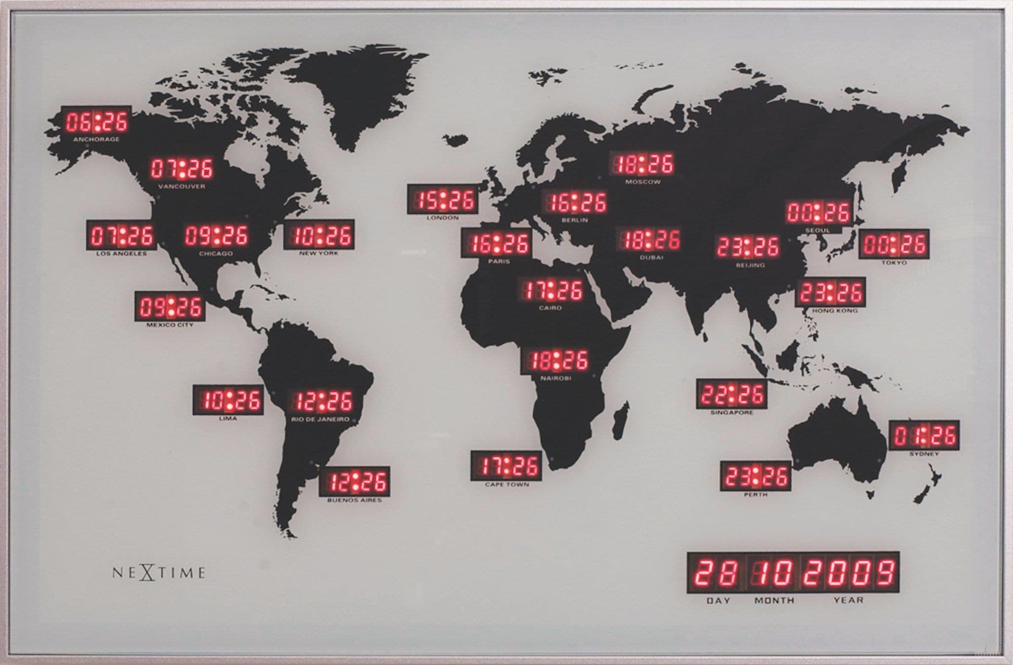 Wandklok - 55 x 36 x 4 cm - Glas - Aluminium - Wereldklok - 'World Time Digit'