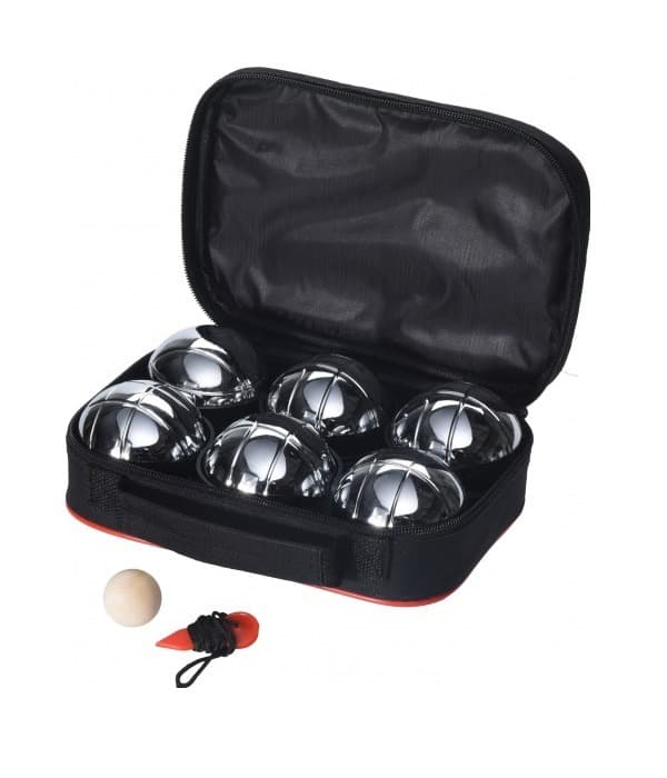 Jeu de boules met 6 metalen ballen , houten but, meetpin en draagtas