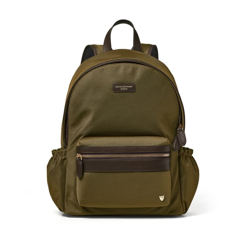 Aspinal of London Men's Backpack in Khaki Leather-Trim Nylon Canvas