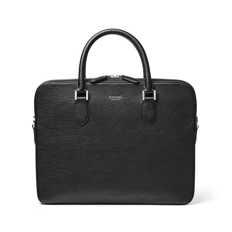 Aspinal of London Slim Leather Briefcase Bag in Black Pebble