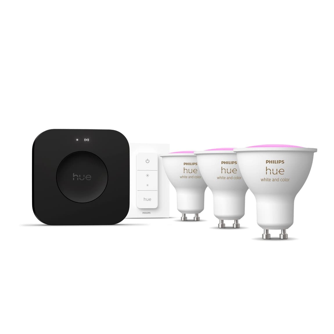 Philips Hue Starter Kit - wit and Color Ambiance - Hue Bridge Pro + GU10 - 3 Pack + Dimmer Switch - Zwart