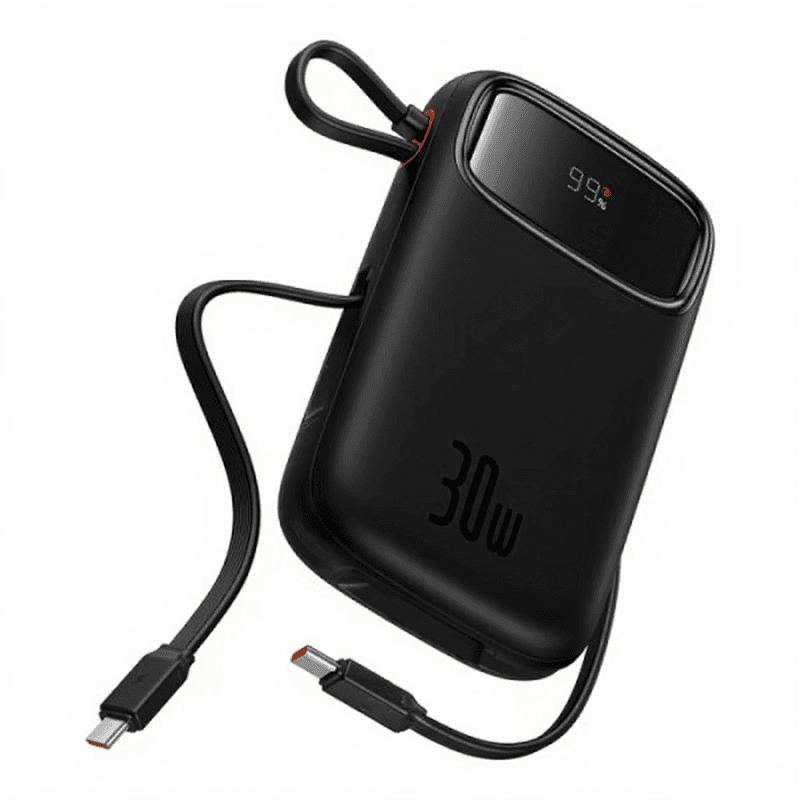 Baseus QPow2 10000 mAh Digitale Anzeige Schnellladung Powerbank 30 W Mit Integriertem Dual-Typ-C-Kabel - Schwarz