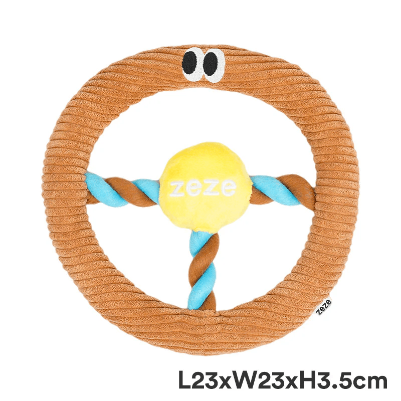 zeze Auto-Lenkrad Kauspielzeug für Hunde (Braun) 23 x 23 x 3,5 cm, integrierter Soundeffekt, Geräuschspielzeug