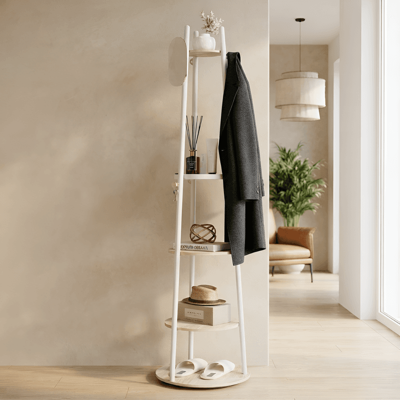 KAPANOU Drehbarer Stand-Kleiderständer mit Coat Tree, 6 Haken und 5 Ablagen für Eingangsbereich und Schlafzimmer (weiß), Neu-Jahr-Verkauf,