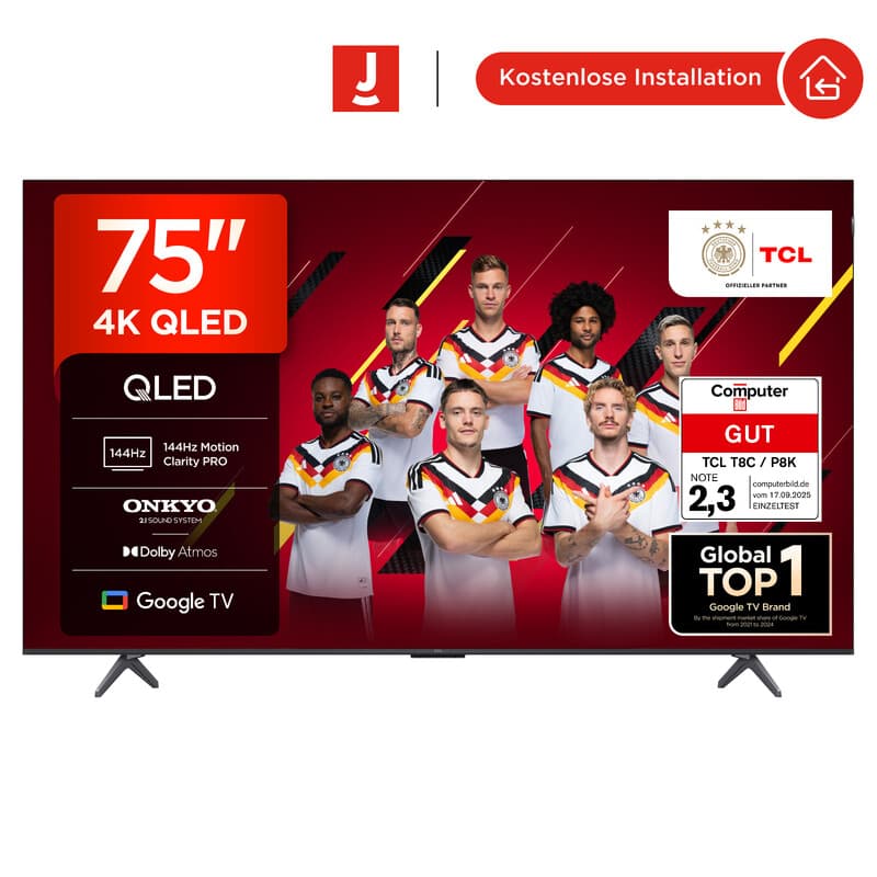 TCL 75T8C 75 Zoll QLED 4K HDR UHD Fernseher, Smart Google TV Dolby Vision Atmos,144Hz Motion Clarity Pro, Game Bar, ALLM, FreeSync, Onkyo 2.1