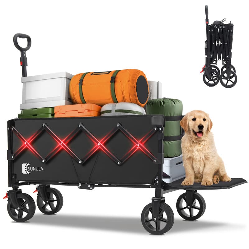 SUNULA Chariot pliable avec hayon, freins, poignée anti-rebond et 2 porte-boissons, pour la nourriture, le camping, le shopping, le jardin, le