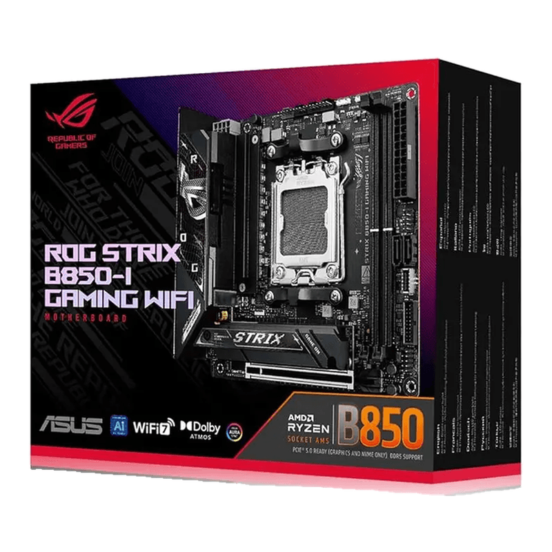 ASUS ROG Strix B850-I Gaming-WLAN-Mainboard, Sockel AMD AM5 (AMD B850, Mini-ITX, DDR5-Arbeitsspeicher, PCIe 5.0, WiFi 7, 2x M.2, Aura Sync)