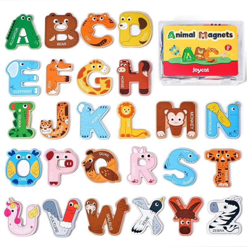 Buchstabiermagnete aus Holz - Tier-Motiv-ABC-Magnetbuchstaben in Großformat, 26 Großbuchstaben Lernspielzeug-Set für Kleinkinder und