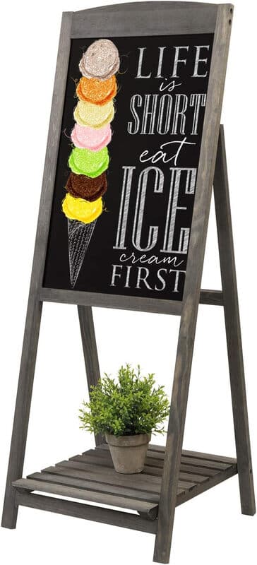 MyGift Vintage Graues Holz A-Rahmen Kreidetafel Staffelei, 114 cm freistehendes dekoratives Kreidetafel-Schild mit Pflanzenrega