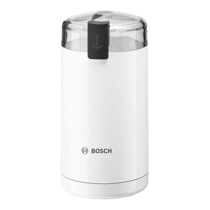 Bosch TSM6A011W Elektrische Kaffeemühle, 180 W, 75 g Fassungsvermögen, Edelstahlmesser, Sicherheitsverriegelung, Weiß
