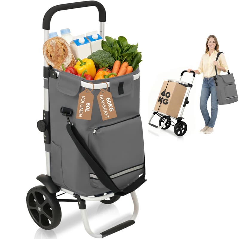 3 in1 Einkaufstrolley Faltbar, Trolley Groß 60 Liter, Höhenverstellbarer Griff, Einkaufswagen Mit Kühlfach, Einkaufstasche Mit Rollen, Klappbarer