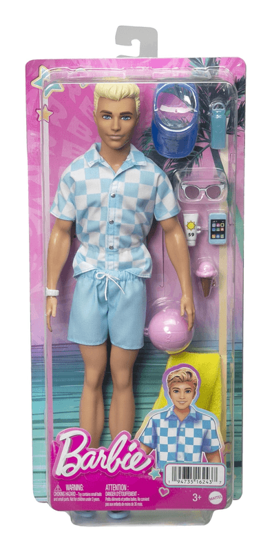 Barbie Ken – blonde Puppe mit blauem Hemd und Badehose, Strand-Accessoires und Wasserball, für Kinder ab 3 Jahren, HPL74